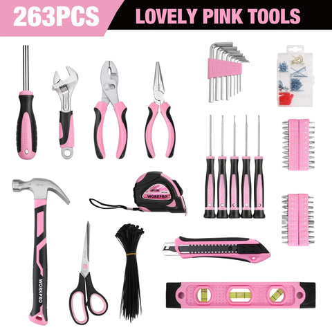 Pink 263-Piece Home Repair Tool Kit With Wide Mouth Storage Bag For DIY Projects And Breast Cancer Awareness Ribbon displayed