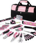 Pink 263-Piece Home Repair Tool Kit With Wide Mouth Storage Bag For DIY Projects And Breast Cancer Awareness Ribbon displayed neatly.
