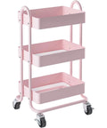 Pink 3 Tier Utility Rolling Cart On Wheels For Kitchen Office Home And Garden Elitehouse Metal Storage Cart with locking wheels