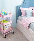 Pink 3 Tier Utility Rolling Cart On Wheels For Kitchen Office Home And Garden Elitehouse Metal Storage Cart With Locking Wheels Durable Mobile Organizer 13.4 By 18.1 By 31 Inches near bed
