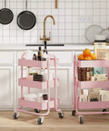 Two pink 3 tier utility rolling carts on wheels in kitchen setting, Elitehouse metal storage cart with locking wheels, organized with items.