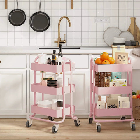 Two pink 3 tier utility rolling carts on wheels in kitchen setting, Elitehouse metal storage cart with locking wheels, organized with items.