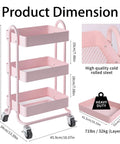 Pink 3 Tier Utility Rolling Cart On Wheels For Kitchen Office Home And Garden Elitehouse Metal Storage Cart With Locking Wheels Durable Mobile Organizer 13.4 By 18.1 By 31 Inches showcasing size and material details.