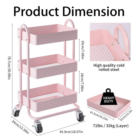 Pink 3 Tier Utility Rolling Cart On Wheels For Kitchen Office Home And Garden Elitehouse Metal Storage Cart With Locking Wheels Durable Mobile Organizer 13.4 By 18.1 By 31 Inches showcasing size and material details.