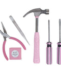 Essential 7 Piece Home Tool Kit With Hammer Phillips Screwdrivers Long Nose Pliers Tweezers And Tape Measure shown on a white background