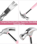 Lightweight 8oz hammer set with a small claw hammer and 25 mm rubber mallet in pink, high carbon steel heads, four views
