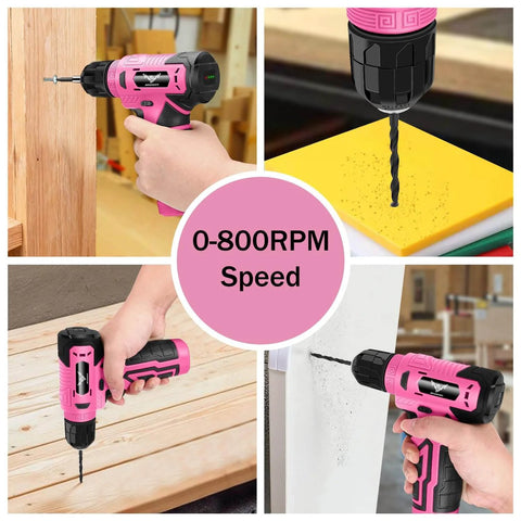Collage showing Pink 8V Cordless Drill With LED Light And 127 Piece Home Tool Kit in use on wood and drywall, highlighting versatility.
