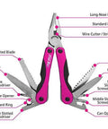 Pink 14-In-1 Aluminum Multi-Tool With Stainless Steel Tools for DIY, featuring pliers, knife, screwdrivers, and wire cutter.