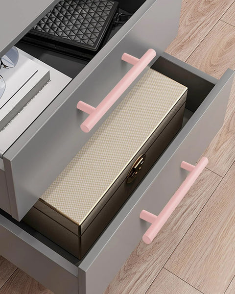 5 Pack Modern Pink T Bar Cabinet Handles For Dressers And Cabinets Center To Center 3 3 Quarters Inch, 5.9 Inch Length, installed view