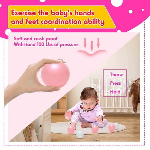 100 Ball Pit Balls for Kids, Plastic Balls for Ball Pit shown with baby, emphasizes coordination and durability, pink ball close-up.