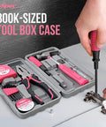 Pink 13-Piece Starter Tool Kit In A Portable Case For College Dorm, Home And Office DIY, including essential household repair tools.