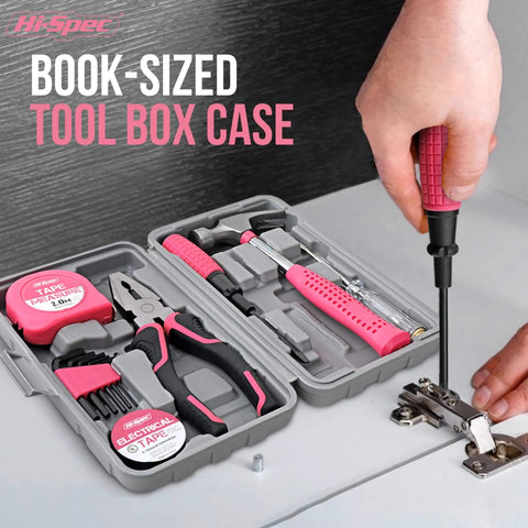 Pink 13-Piece Starter Tool Kit In A Portable Case For College Dorm, Home And Office DIY, including essential household repair tools.