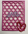 Pink birthday card with lattice pattern, red heart, and "Happy Birthday" text using 3D Floral Cutting Dies Set For Scrapbooking And Card Making With Layered Four Leaf Flower Designs 22.4x14.4 Cm Create Dope 3D Backgrounds Card Frames And Embossed Effects For DIY Crafts Ammsochy