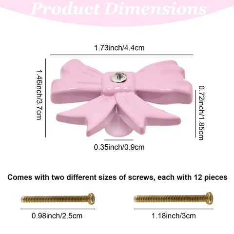 Pink Bow Cabinet Knobs Set 12 Pieces Zinc Alloy Single Hole Drawer Knobs dimensions and screw sizes