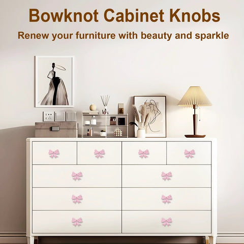 White dresser with Pink Bow Cabinet Knobs Set 12 Pieces Zinc Alloy Single Hole Drawer Knobs for nursery girls room vanity bedroom.