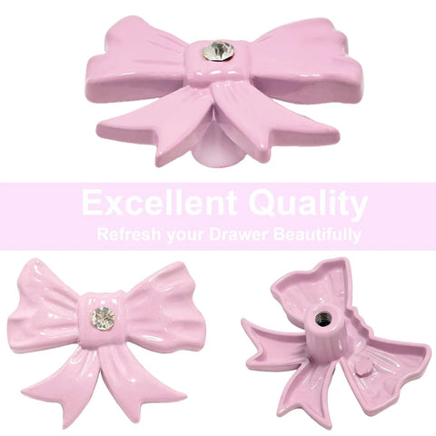 Pink Bow Cabinet Knobs Set 12 Pieces Zinc Alloy Single Hole Drawer Knobs, decorative pink bow shape with gem detail, front and back view.