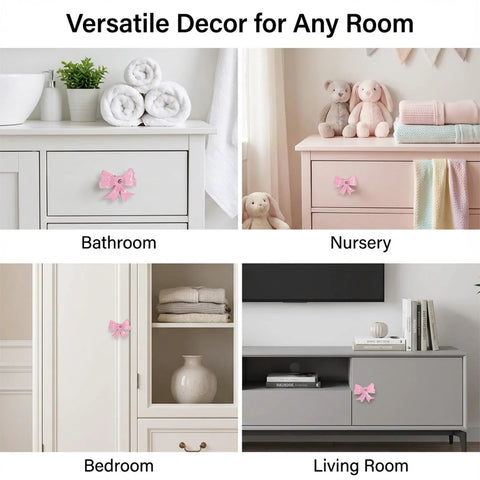8 Pack Pink Metal Bow Drawer Pulls Set With Screws Zinc Alloy Decorative Handles For Dressers Cabinets Wardrobes Desks And Cupboards Cute Vintage Style Knob Pulls For Bedroom Decor shown in various rooms