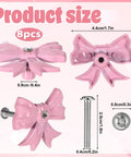 8 Pack Pink Metal Bow Drawer Pulls Set With Screws Zinc Alloy Decorative Handles for Dressers, size details with dimensions