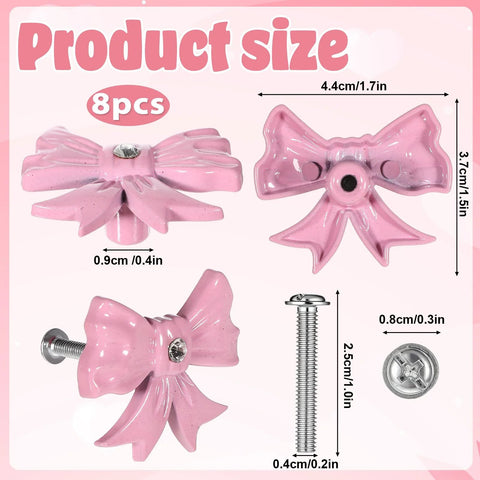 8 Pack Pink Metal Bow Drawer Pulls Set With Screws Zinc Alloy Decorative Handles for Dressers, size details with dimensions