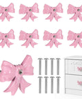 8 Pack Pink Metal Bow Drawer Pulls Set With Screws Zinc Alloy Decorative Handles For Dressers Cabinets, shown with screws and installed