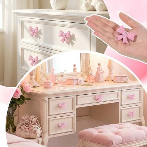 8 Pack Pink Metal Bow Drawer Pulls Set With Screws Zinc Alloy Decorative Handles for Dressers Desks
