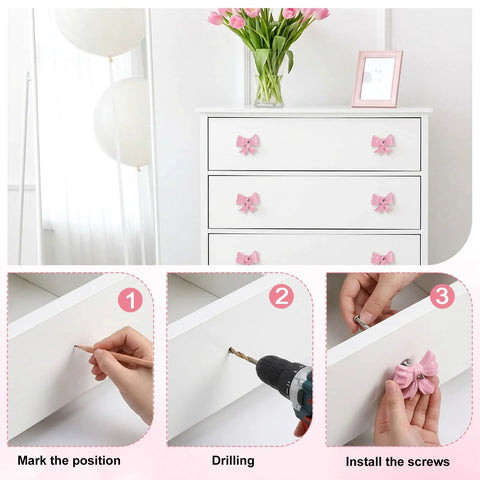 8 Pack Pink Metal Bow Drawer Pulls Set With Screws Zinc Alloy Decorative Handles For Dressers Cabinets Wardrobes Desks And Cupboards Cute Vintage Style Knob Pulls For Bedroom Decor installation steps on white dresser.
