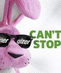 Pink toy bunny wearing sunglasses with 'Can't Stop' text, promoting Rechargeable AA Batteries 4 Pack With Up To 12 Year Battery Life