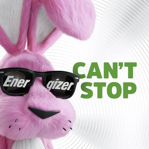 Pink toy bunny wearing sunglasses with 'Can't Stop' text, promoting Rechargeable AA Batteries 4 Pack With Up To 12 Year Battery Life