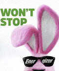 Close-up of pink rabbit with sunglasses under text 'WON'T STOP' on white background.