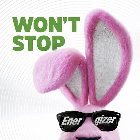 Close-up of pink rabbit with sunglasses under text 'WON'T STOP' on white background.
