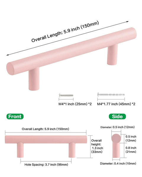 5 Pack Modern Pink T Bar Cabinet Handles for Dressers, Aluminum Alloy, 5.9" Length, Center to Center 3 3 Quarters Inch, Includes Screws
