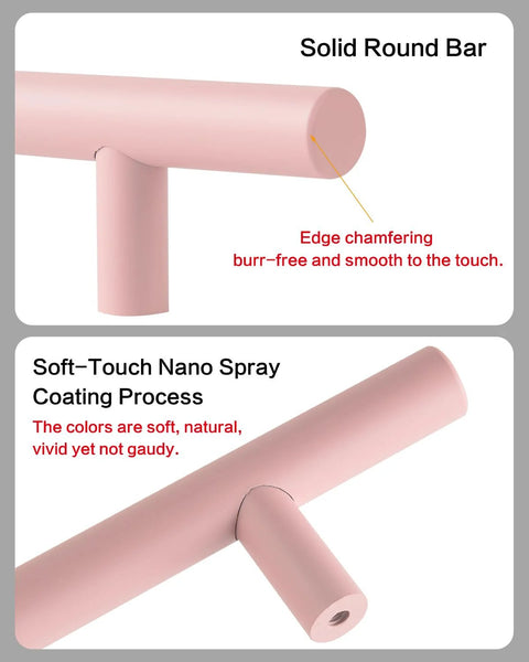 5 Pack Modern Pink T Bar Cabinet Handles For Dressers And Cabinets Center To Center 3 3 Quarters Inch, 5.9 Inch Length, Aluminum Alloy Painted Finish Includes Screws Colorful Cupboard Pulls For Kids Furniture, soft pink finish close-up