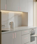 5 Pack Modern Pink T Bar Cabinet Handles For Dressers And Cabinets Center To Center 3 3 Quarters Inch, 5.9 Inch Length, installed on kitchen cabinets