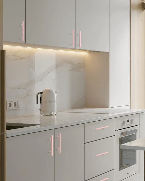 5 Pack Modern Pink T Bar Cabinet Handles For Dressers And Cabinets Center To Center 3 3 Quarters Inch, 5.9 Inch Length, installed on kitchen cabinets