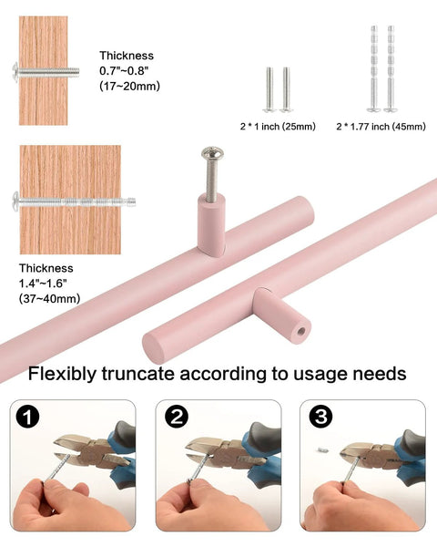 5 Pack Modern Pink T Bar Cabinet Handles showing screws, installation options, and adjustable length guide for dressers and cabinets.