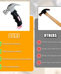 Comparison chart showing pink 8 oz claw hammer for picture hanging and drywall anchors with shock absorbing non slip handle versus generic hammer.