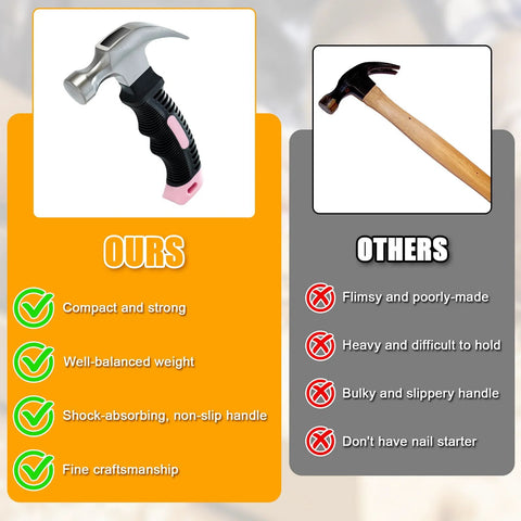 Comparison chart showing pink 8 oz claw hammer for picture hanging and drywall anchors with shock absorbing non slip handle versus generic hammer.