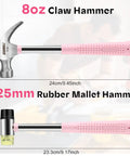 Lightweight 8oz hammer set with a small claw hammer and 25 mm rubber mallet in pink, perfect for light carpentry and home repairs