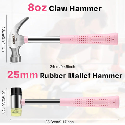 Lightweight 8oz hammer set with a small claw hammer and 25 mm rubber mallet in pink, perfect for light carpentry and home repairs