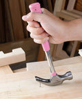 8 oz claw hammer with a shock-absorbing non-slip pink grip for comfortable, accurate nail driving and efficient nail removal in use.