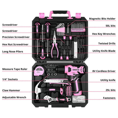 Pink 8V Cordless Drill Kit For Women With LED Light And 126 Piece Accessory Set including pliers and screwdrivers in a case