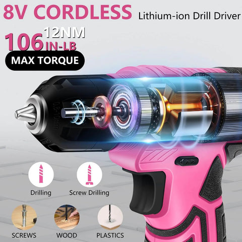 Close-up of a pink 8V cordless drill with LED light showing internal components, used for DIY drilling and screw tasks.