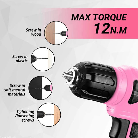 Close-up of Pink 8V Cordless Drill Kit For Women With LED Light showcasing drill bits, max torque feature, versatile for home projects