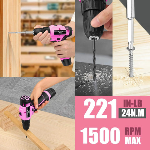 Collage of Pink 12V Cordless Drill Kit With 151-Piece Tool Set in use for drilling, featuring ergonomic design and LED drill function.