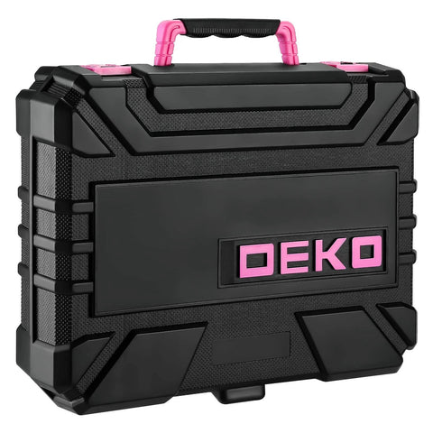 Black and pink carrying case for Pink 8V Cordless Drill Kit For Women With LED Light And 126 Piece Accessory Set For Home Projects.