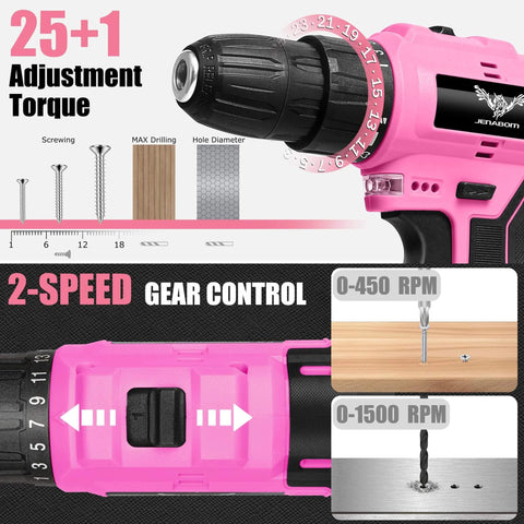 Close-up of Pink 12V Cordless Drill Kit with 151-Piece Tool Set LED Drill Rechargeable Battery showing torque settings and speed control.