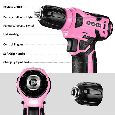 Pink 8V Cordless Drill Kit For Women with LED light, showing keyless chuck, battery indicator, and controls in close-up.