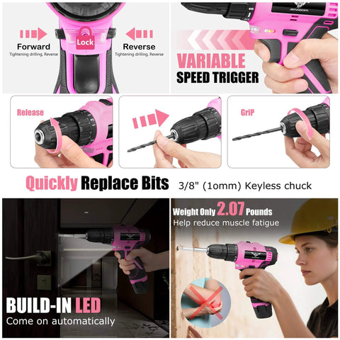 Pink 12V Cordless Drill Kit With 151-Piece Tool Set showing various features like speed trigger, replaceable bits, and LED light