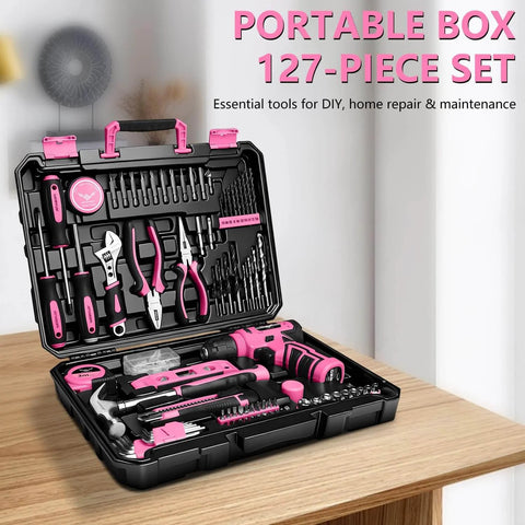Pink 8V Cordless Drill With LED Light And 127 Piece Home Tool Kit For DIYers And Homeowners in open black case.