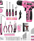 Pink 8V Cordless Drill With LED Light And 127 Piece Home Tool Kit For DIYers And Homeowners including pliers, hammer, and bits